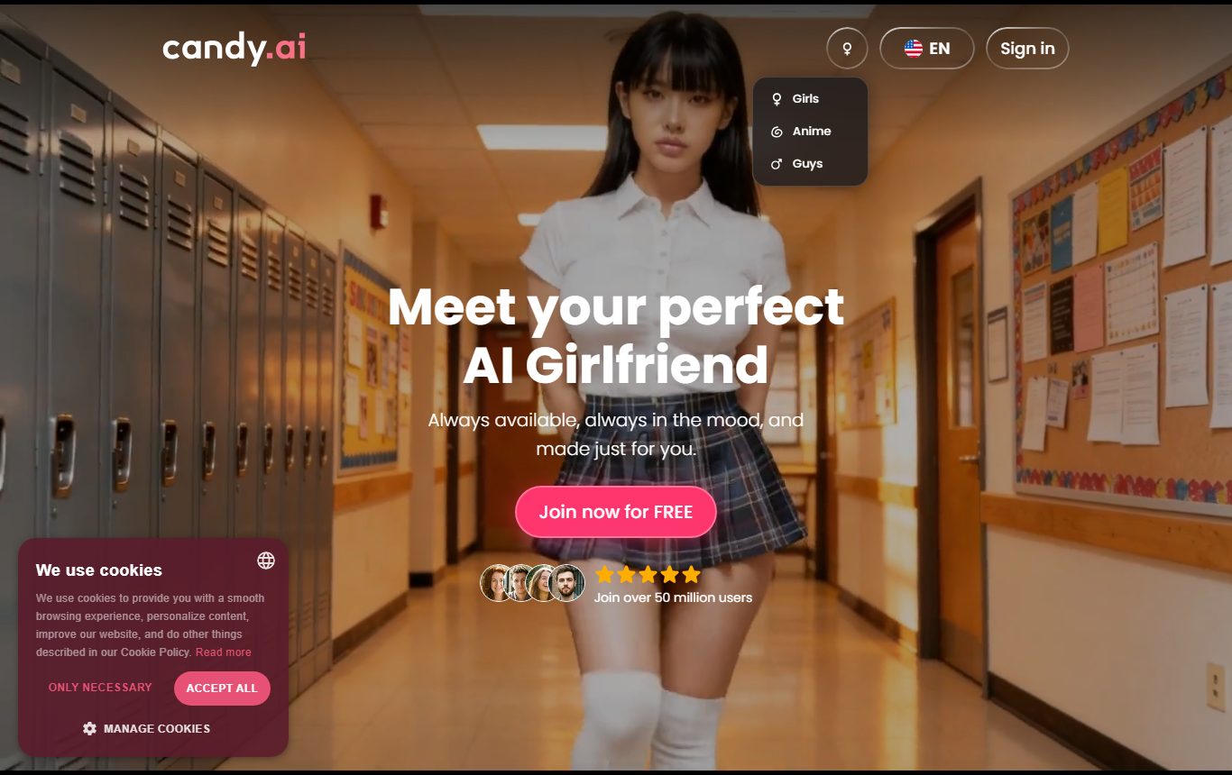 Candy AI homepage showing character selection grid